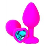Розовая силиконовая пробка с голубым кристаллом-сердцем - 8,5 см.