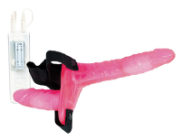 Поясной розовый виброфаллос с вагинальной пробкой - 17,5 см.