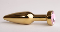 Золотистая анальная пробка с розовым кристаллом - 11,2 см.