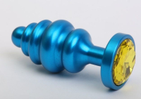 Синяя ребристая анальная пробка с жёлтым кристаллом - 7,3 см.
