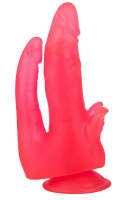 Розовый двойной фаллоимитатор с лепестками и присоской - 17 см.